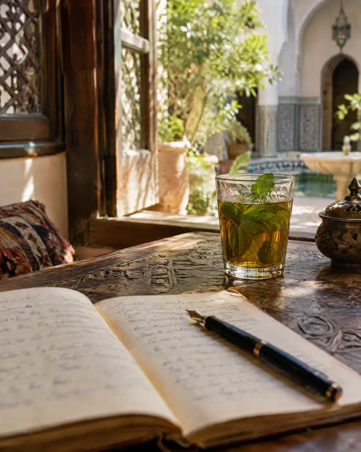 Carnet ouvert, stylo-plume et thé à la menthe sur une table, près d'une fenêtre donnant sur un riad