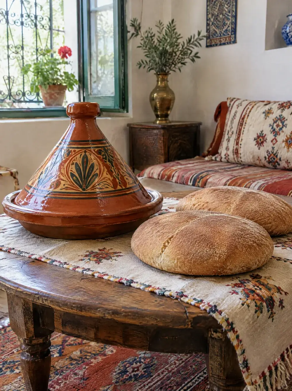 Tajine en terre peinte et pains ronds sur une table basse, dans une maison familiale