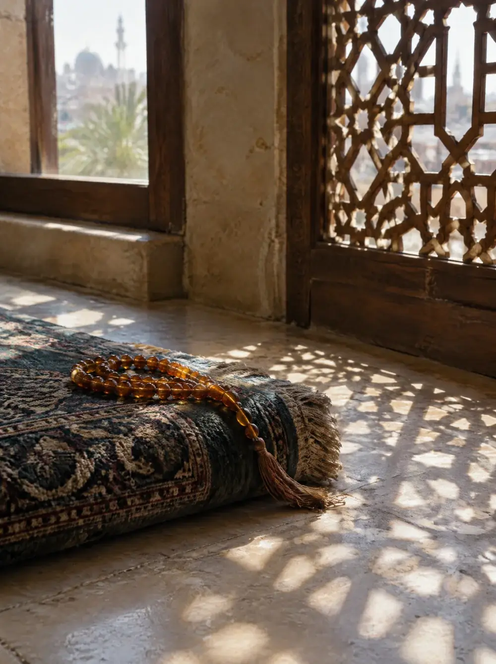Chapelet d'ambre sur un tapis de prière, dans l'ombre ajourée d'un moucharabieh
