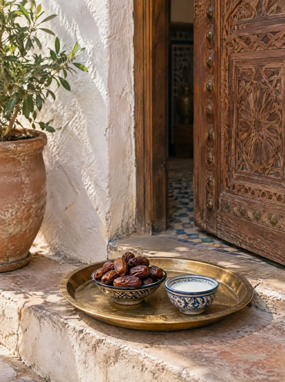 Plateau de dattes et bol de lait sur le seuil d'une maison, l'accueil marocain