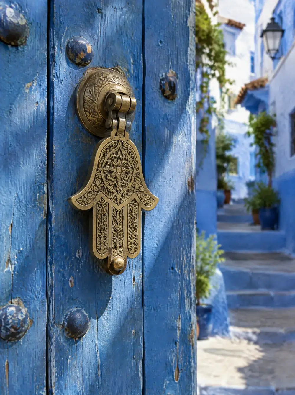 Heurtoir en main de Fatma sur une porte bleue de Chefchaouen