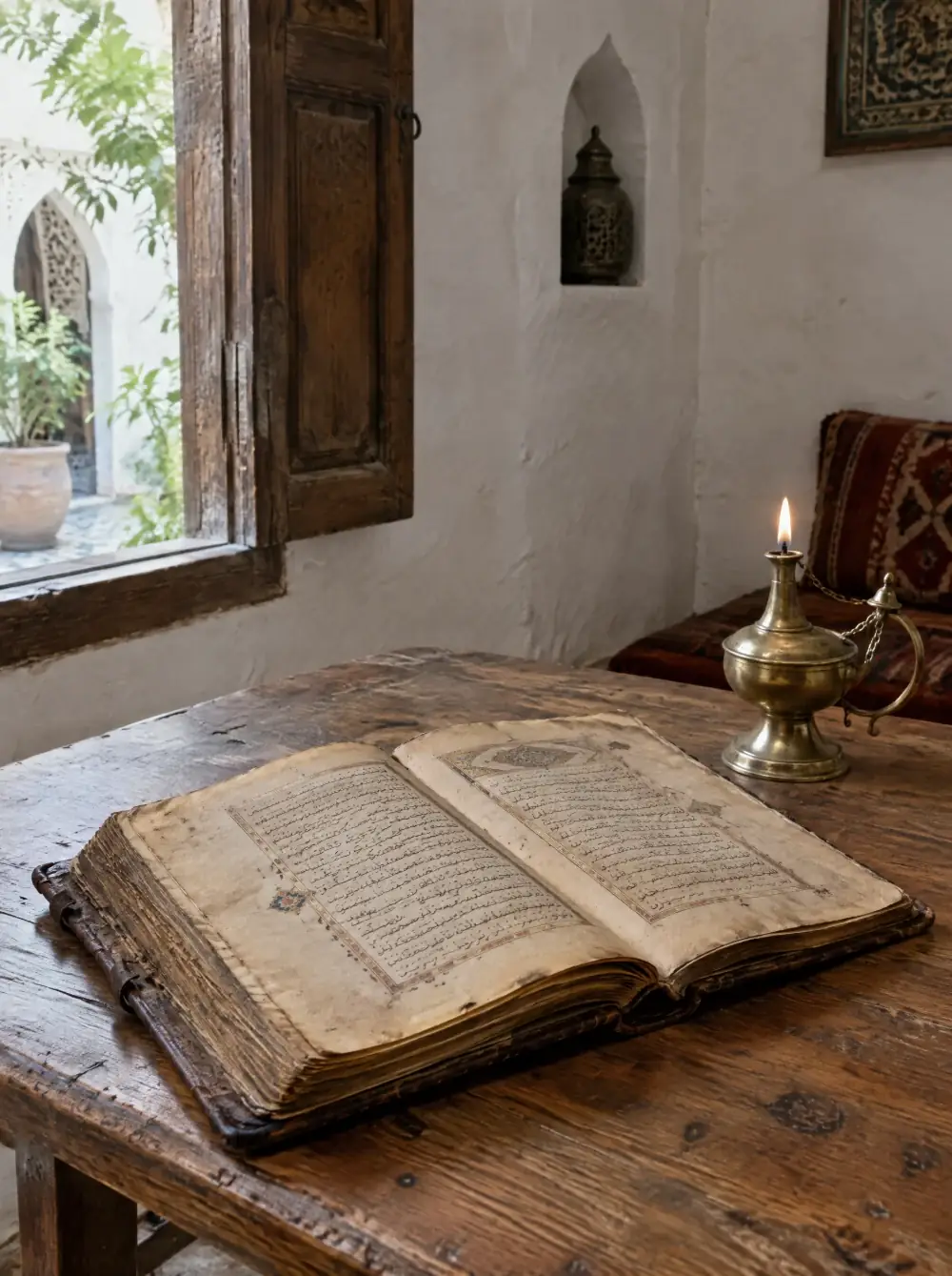 Manuscrit ancien ouvert et petite lampe à huile en laiton sur une table en cèdre, près d'une fenêtre