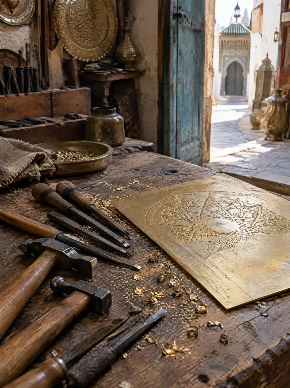 Marteaux et ciseaux d'artisan à côté d'une plaque de laiton ciselée, sur un établi à Fès