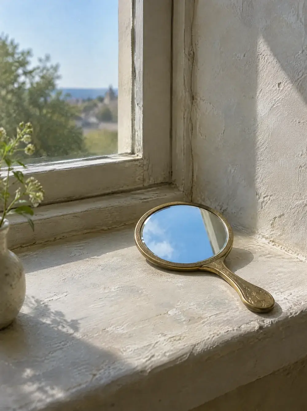 Miroir à main en laiton reflétant le ciel, posé sur le rebord d'une fenêtre